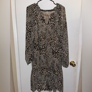 women's XXL Tiered Cheetah Print Dress With Balloon Sleeve Keyhole maxi length